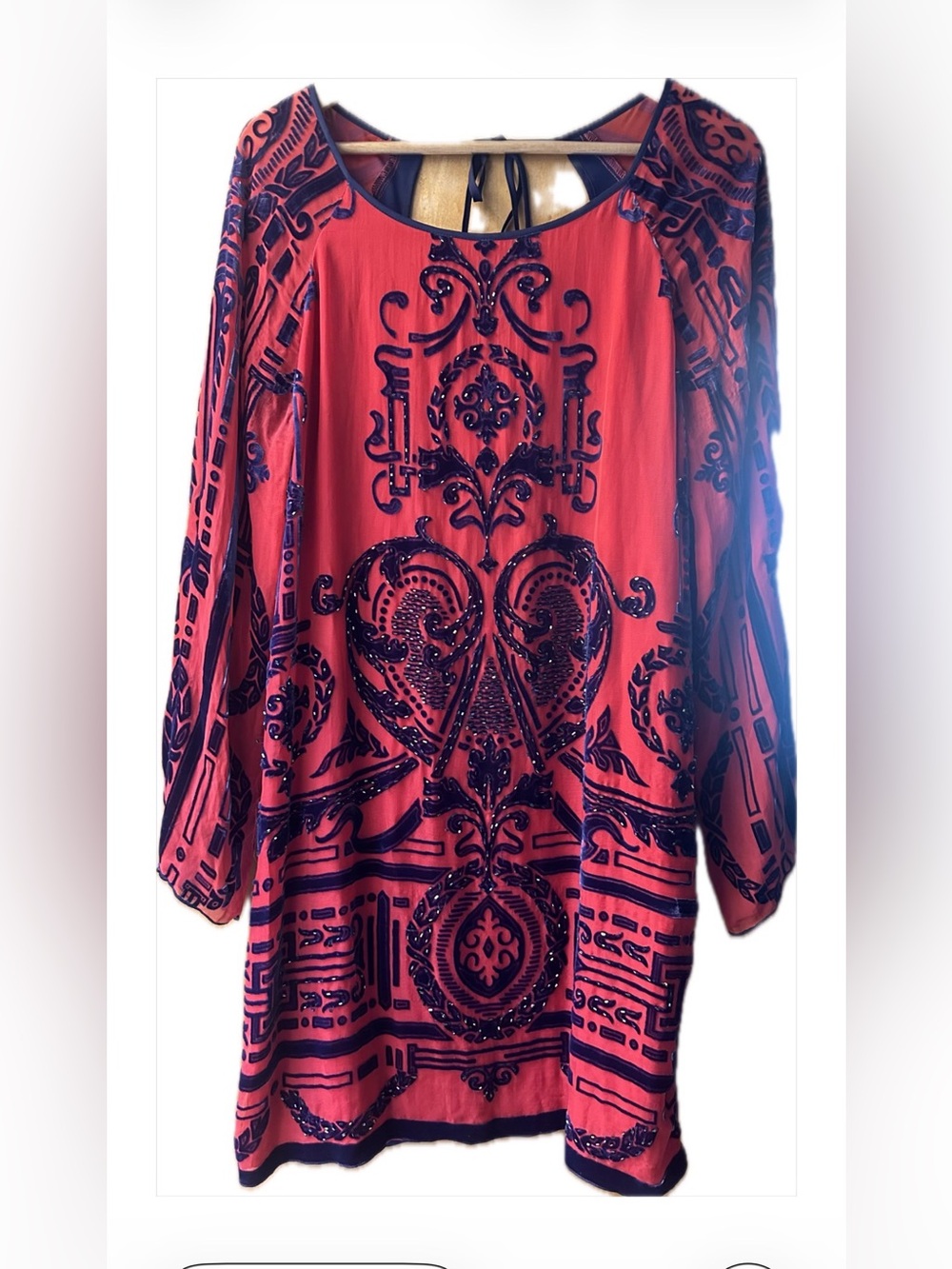 HALE BOB Rare Dress Burnout Silk Blue Velvet & Red Silk w/Gorgeous Beading (M)